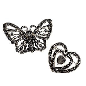 Butterfly Heart Brooch Pin Set 2pc Dark Silver Tone Black Rhinestone Whimsigoth
